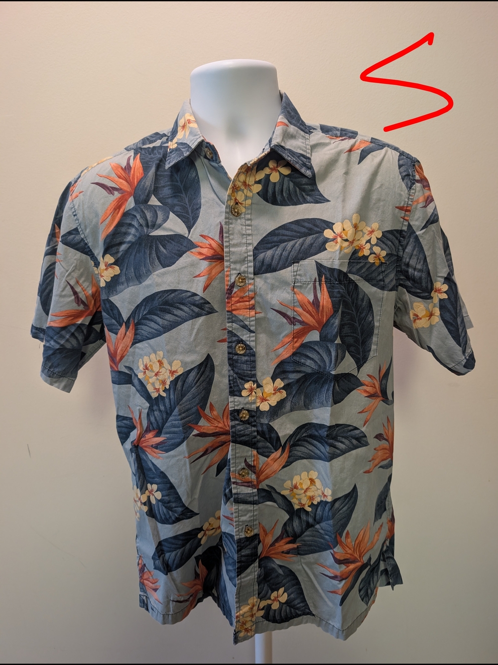 Men's Short-Sleeve Tropical Button-Down Shirt in Blue and Orange